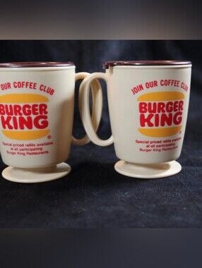 Vintage Burger King Coffee Club Plastic Mugs w/Handle & Lid Tan Brown by Whirley